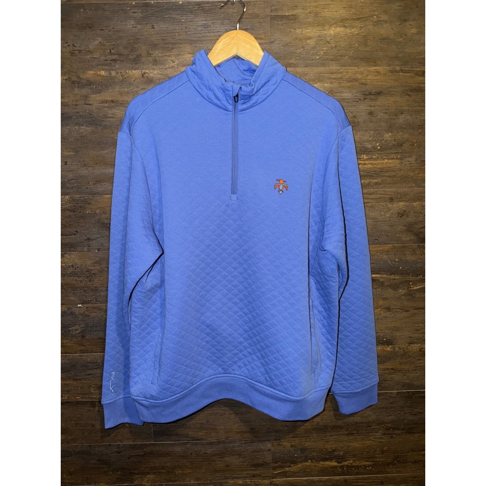 RLX Ralph Lauren Mens BLUISH Quilted Quarter Zip Pullover Thunderbird Logo LARGE
